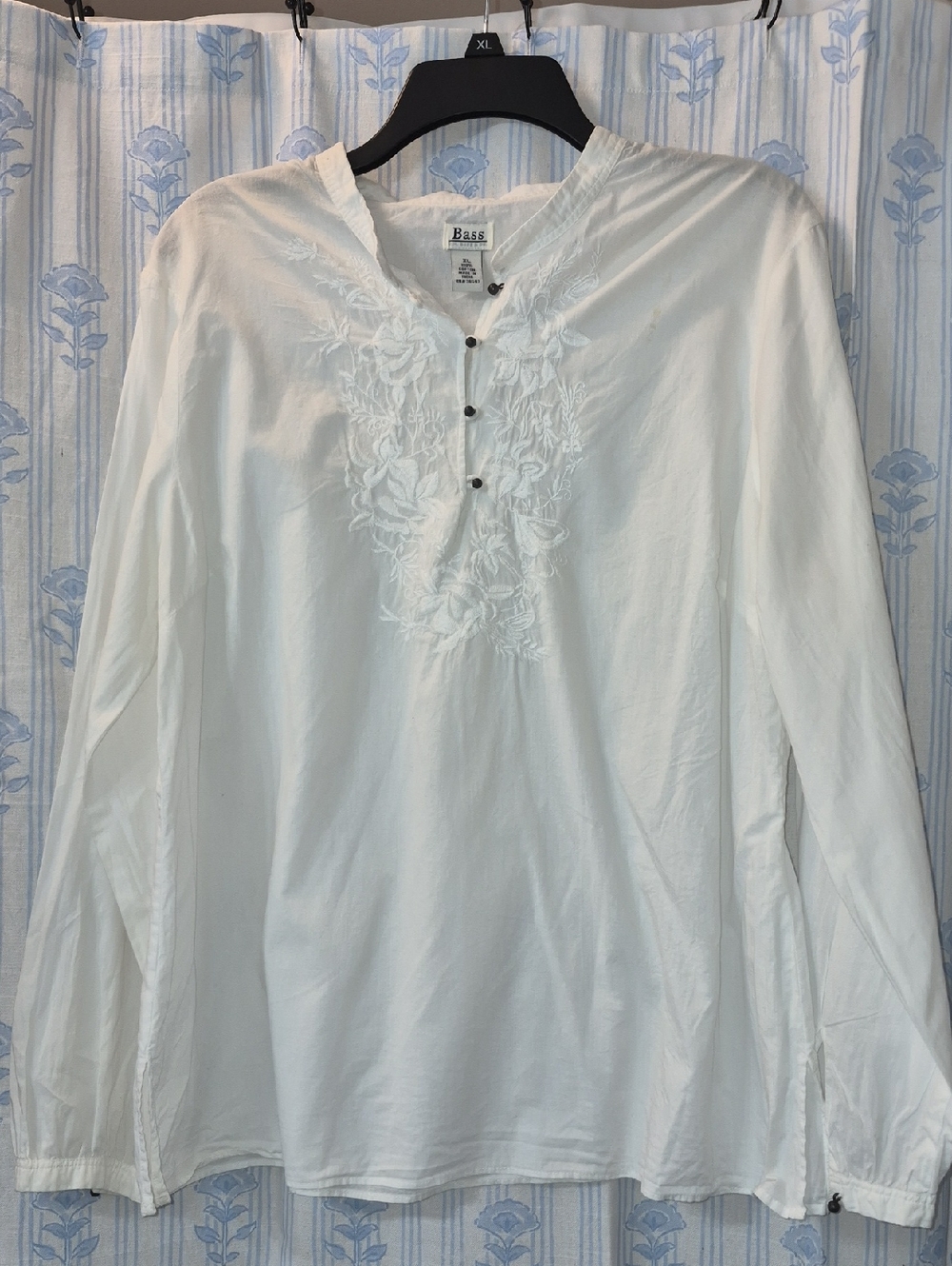 BASS Embroidered White Long Sleeve Button Cotton Blouse  Sz XL